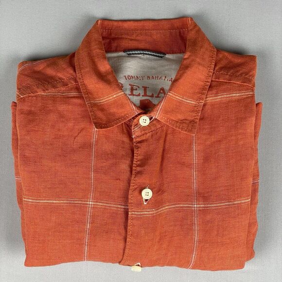 Tommy Bahama Relax Linen Button Up Shirt Men's Medium Orange Check Island Preppy - Picture 11 of 16